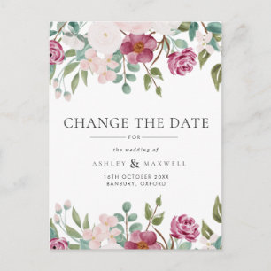 Cartão Postal De Anúncio Mudança de Data de Casamento Floral Burgundy & Blu