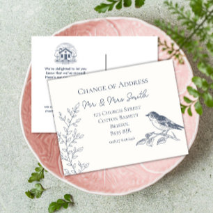 Cartão Postal De Anúncio mudança de endereço do elegante azul de ave e crem