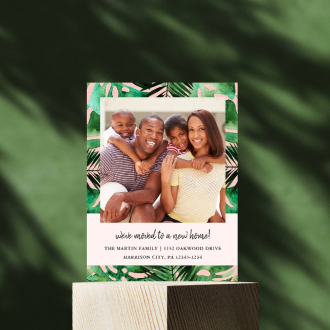 Cartão Postal De Anúncio Mudança de Endereço Folhas de Aquarela Foto Rosa (Criador carregado)