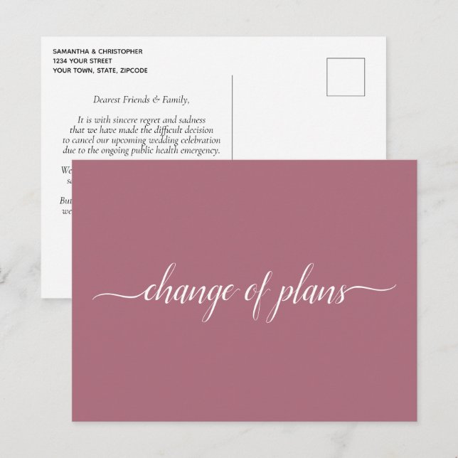 Cartão Postal De Anúncio Mudança de Planos Casamento Cancelado Adiamento Ro (Frente/Verso)