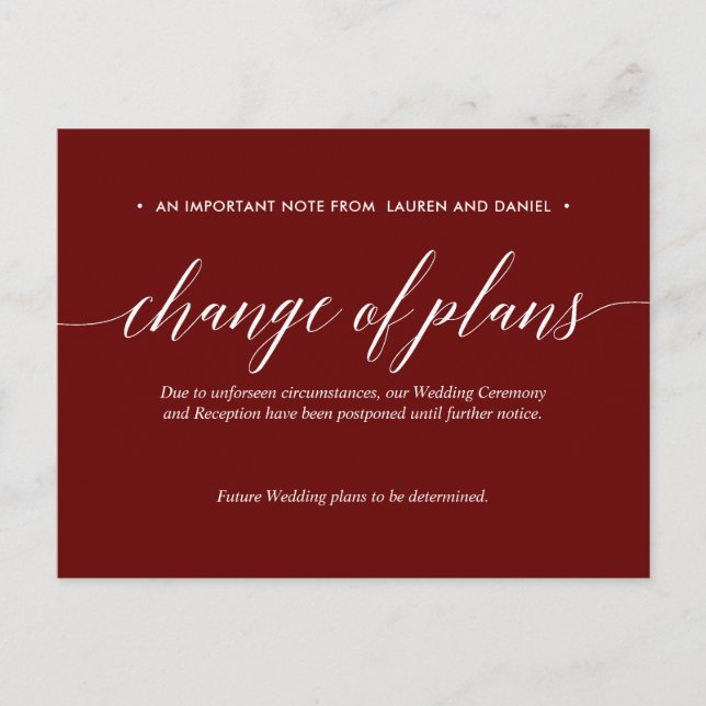 Cartão Postal De Anúncio Mudança de planos do Merlot adiada Casamento cance (Frente)