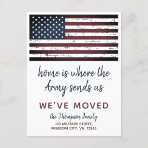 Cartão Postal De Anúncio Mudança Militar PCS Nós Movemos a Bandeira America