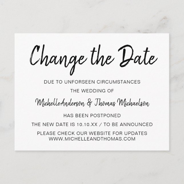 Cartão Postal De Anúncio Mudança Simples em Preto e Branco da Data (Frente)