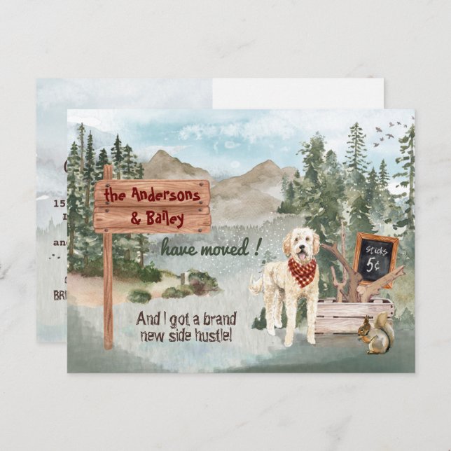 Cartão Postal De Anúncio Mudando Goldendoodle Pine Woods Novo Endereço (Frente/Verso)