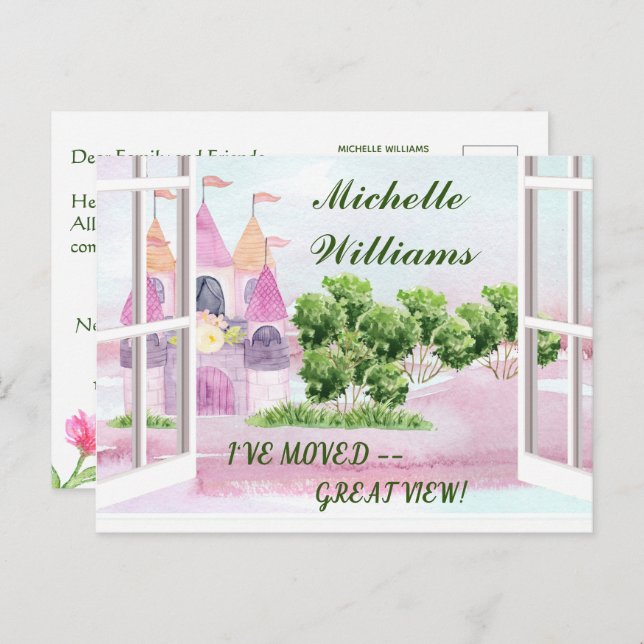 Cartão Postal De Anúncio Mudei Orçamento Divertido Castelo Aquarela Mudança (Frente/Verso)