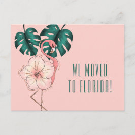 Cartão Postal De Anúncio Mudou-se para Flamingo Monstera Leaf Pink