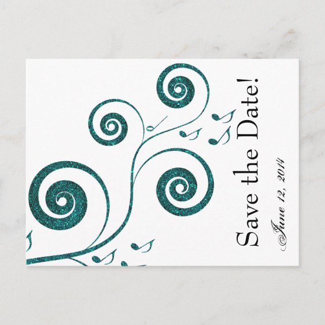 Cartão Postal De Anúncio Música Azul da Glittery Salve a Data (Frente)