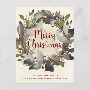 Cartão Postal De Anúncio Natais vintages Green Holly Berry Wreath Movendo-s