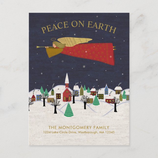Cartão Postal De Anúncio Natal Angel Town Folk Art Holiday Moving (Frente)