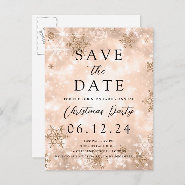 Cartão Postal De Anúncio Natal Salvar A Data Rose Dourado Inverno Maravilha (Frente/Verso)