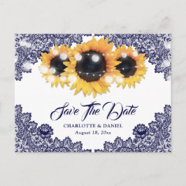 Cartão Postal De Anúncio Navy Blue Sunflower Lace Wedding Save The Date