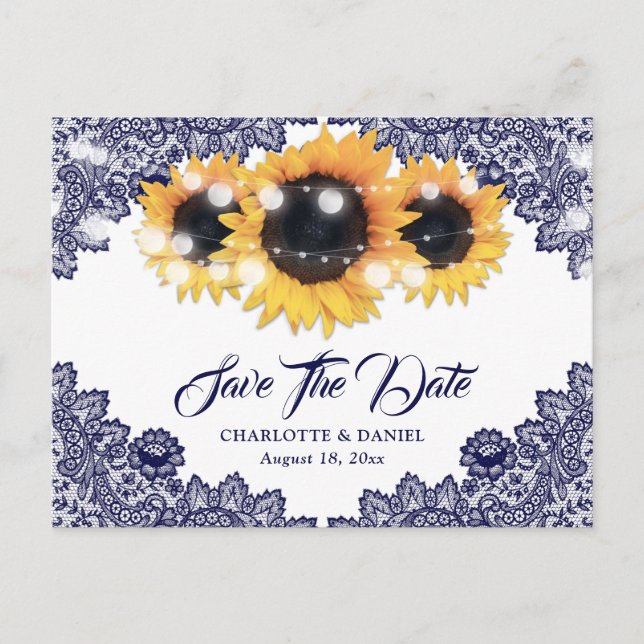 Cartão Postal De Anúncio Navy Blue Sunflower Lace Wedding Save The Date (Frente)