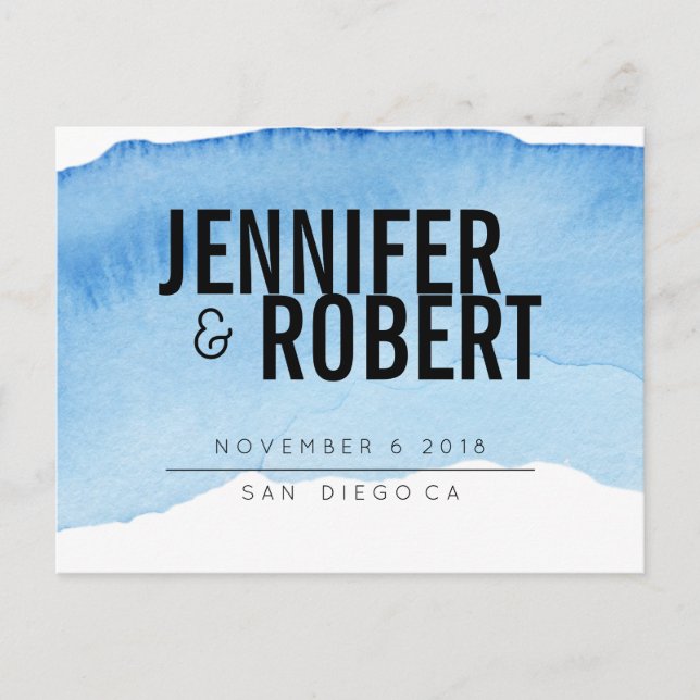 Cartão Postal De Anúncio Negrito Minimal BLUE aquarela PRETO SALVE A DATA (Frente)