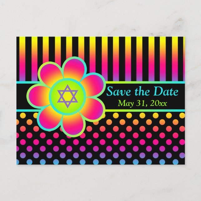 Cartão Postal De Anúncio Neon Floral Stripes Bat Mitzvah Guarde o Cartão de (Frente)