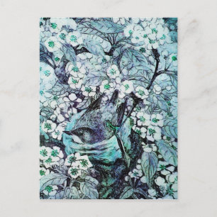 CARTÃO POSTAL DE ANÚNCIO NINHO DE PÁSSARO, ÁRVORE COM FLORES BRANCAS E AZUI