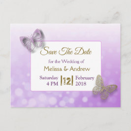 Cartão Postal De Anúncio Noiva de Borboleta Lavanda e Dourado Save the Date