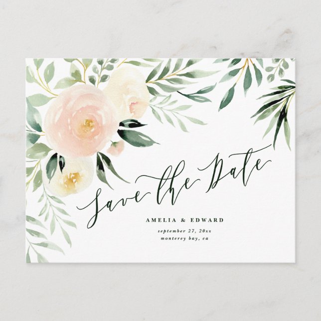 Cartão Postal De Anúncio Noiva floral de aguarela rosa e tons de pêssego &  (Frente)