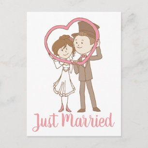 Cartão Postal De Anúncio Noiva Noivo Cartoon Casamento Recém-Casados Rosa