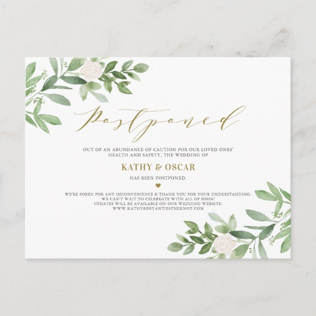 Cartão Postal De Anúncio Noivado Adiado com Fotos de Verduras e Flores Bran (Frente)