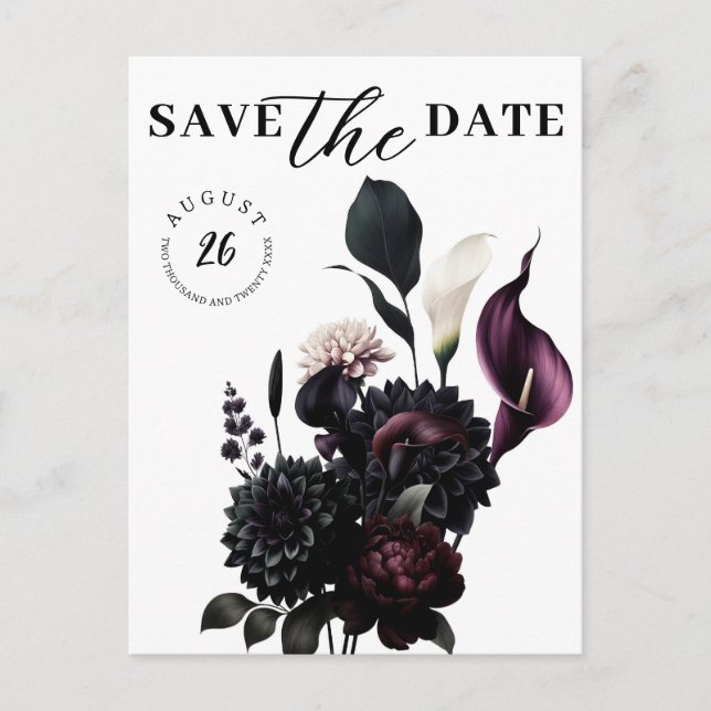 Cartão Postal De Anúncio Noivado Floral Romântico Sombrio Save the Date (Frente)