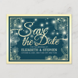 Cartão Postal De Anúncio Noivado Save The Date Chic Flores Azuis Douradas L