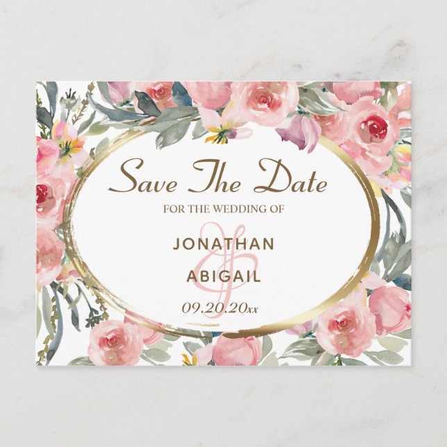 Cartão Postal De Anúncio Noivado Save the Dave Rosa Flores Quadro Dourado C (Frente)