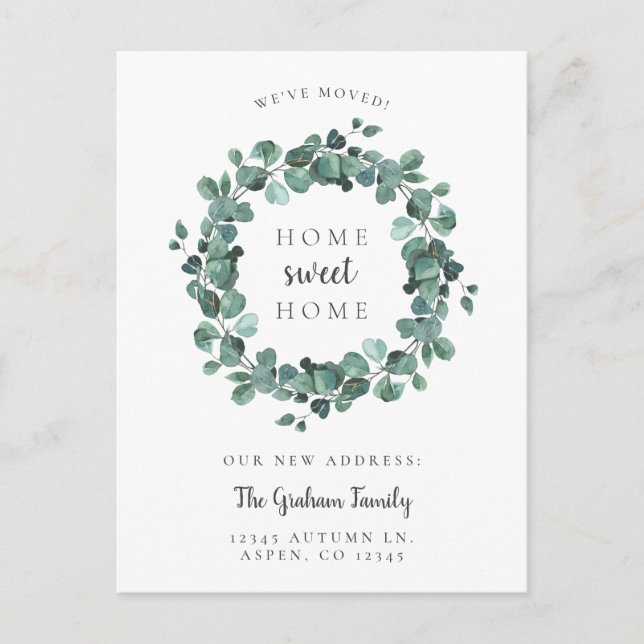 Cartão Postal De Anúncio Nós Mudamos Aquarela Eucalipto (Frente)