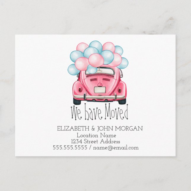 Cartão Postal De Anúncio Nós Mudamos, Balões De Carro, Novo Endereço (Frente)