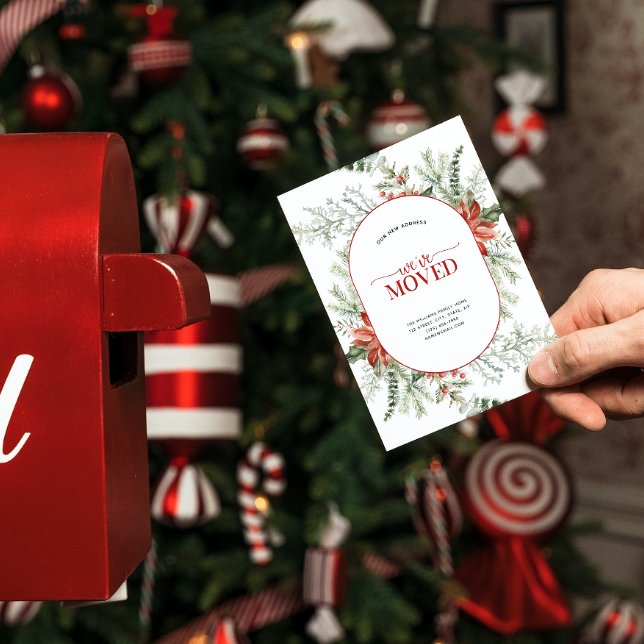 Cartão Postal De Anúncio Nós Mudamos Folhagem de Frutas de Poinsettia (Celebrate the new beginning with this festive 'We've Moved" postcard!
)