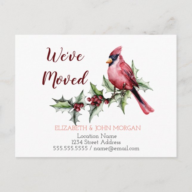 Cartão Postal De Anúncio Nós nos mudamos,Cardinal Vermelho da Baga de Holly (Frente)