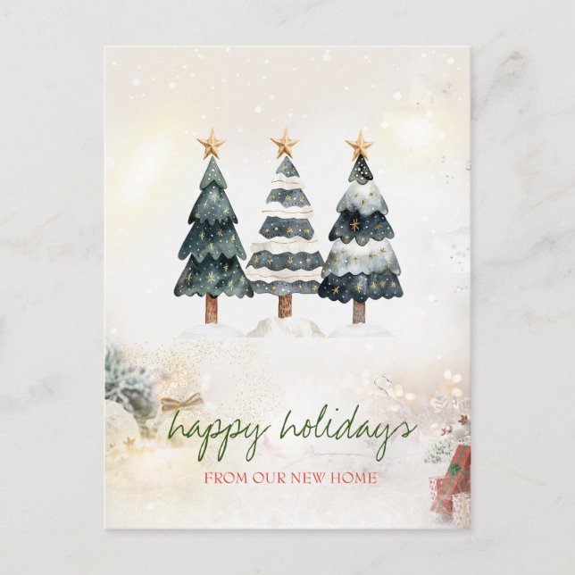 Cartão Postal De Anúncio Nós nos mudamos,Estrelas,Árvores de Natal Feriado (Frente)