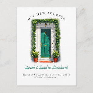 Cartão Postal De Anúncio Nós nos mudamos novo endereço porta aquarela verde