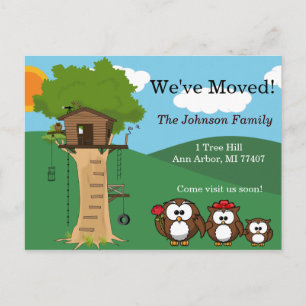 Cartão Postal De Anúncio Nós nos mudamos  Tree House  Família Owl  Cute