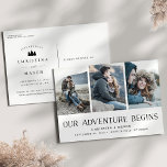 Cartão Postal De Anúncio Nossa Aventura Começa | Três Fotografias Guardar a<br><div class="desc">Uma rusticidade salve o cartão postal de fotos para o casal ao ar livre e aventureiro, projetado para acomodar três de suas fotos de noivado favoritas alinhadas lado a lado. "Nossa Aventura Começa" aparece em preto no fundo, com seus nomes, data do casamento e local do casamento embaixo. Adicione detalhes...</div>
