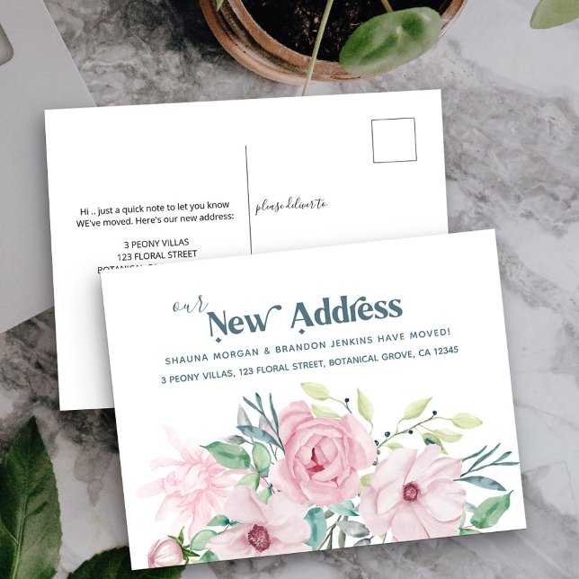 Cartão Postal De Anúncio Nosso novo endereço Peonies Floral Moving Announin (New Address postcard with pink peony rose flowers)