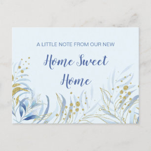 Cartão Postal De Anúncio Nova Casa Doce Lar Folhagem Aquarela Azul Mudança