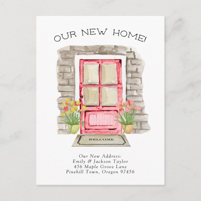 Cartão Postal De Anúncio Nova Casa - Endereço Novo Adorable Aquarela Porta  (Frente)