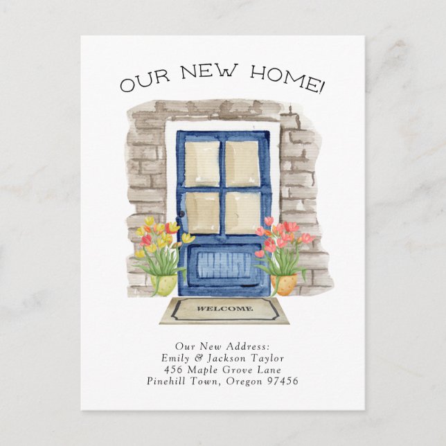 Cartão Postal De Anúncio Nova Casa - Endereço Novo Adorável Aquarela Porta  (Frente)