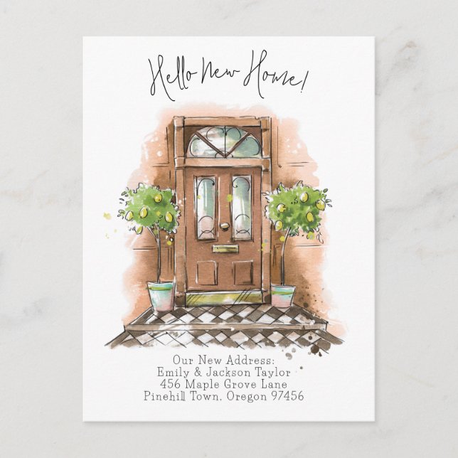 Cartão Postal De Anúncio Nova Casa - Nova Porta de Aquarela de Endereço Mod (Frente)