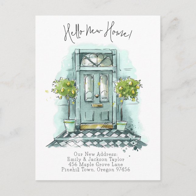 Cartão Postal De Anúncio Nova Casa - Porta Aquarela de Novo Endereço Modern (Frente)