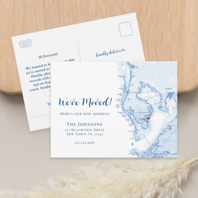 Cartão Postal De Anúncio Nova Casa St. Pete Mapa da Flórida Mudando (Tampa Bay Florida new home moving announcement postcard with heart over St. Petersburg)