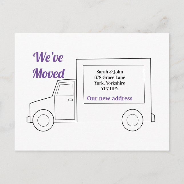 Cartão Postal De Anúncio Novo Endereço Doméstico Moderno que Mudamos Roxo (Frente)