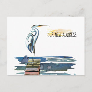 Cartão Postal De Anúncio Novo Endereço na Orla Grande Garça Azul Mudando
