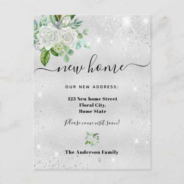 Cartão Postal De Anúncio Novo endereço residencial brilho floral prateado (Frente)