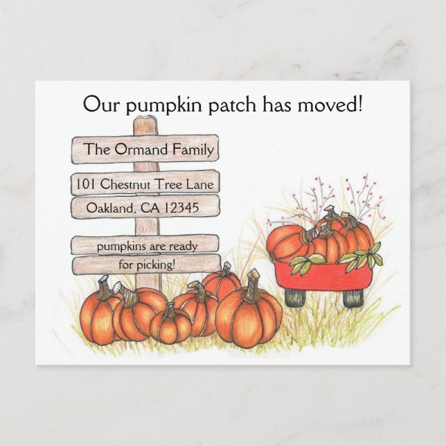 Cartão Postal De Anúncio Novo Endereço Rustic Autumn Patch Pumpkin (Frente)