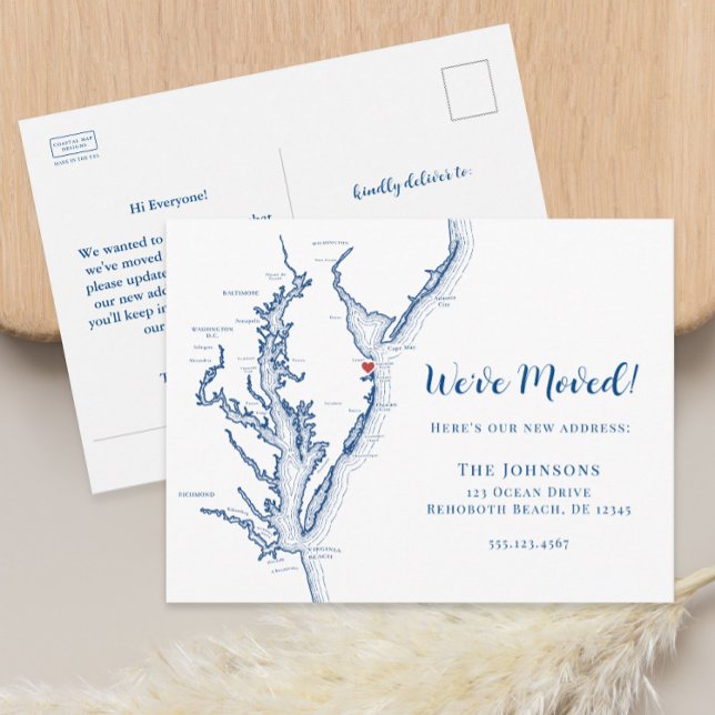 Cartão Postal De Anúncio Novo Mapa de Rehoboth Beach DE Movendo-se (Rehoboth Beach Delaware moving announcement change of address postcard from Coastal Map Designs)