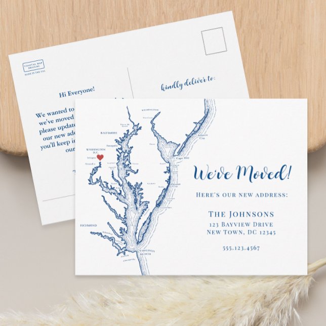 Cartão Postal De Anúncio Novo Mapa de Washington DC para Casa em Movimento (Washington DC Govt military moving announcement change of address postcard from Coastal Map Designs)