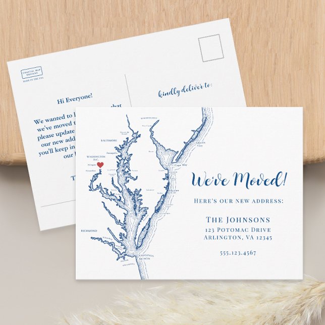 Cartão Postal De Anúncio Novo Mapa do Arlington VA em Movimento (Arlington VA military moving announcement change of address postcard from Coastal Map Designs)