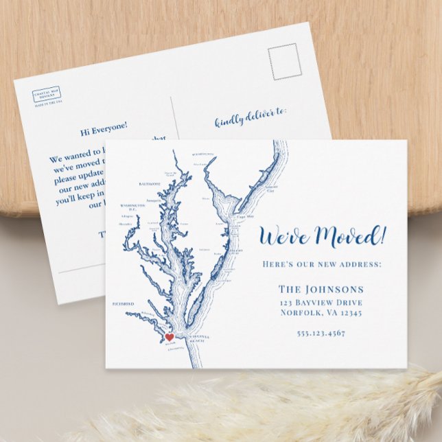 Cartão Postal De Anúncio Novo Norfolk VA Map Moving Home (Norfolk VA military moving announcement change of address postcard from Coastal Map Designs)