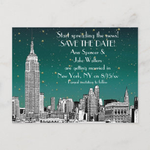 Cartão Postal De Anúncio NYC Skyline 01 Etch Teal Starry Salvar a Data